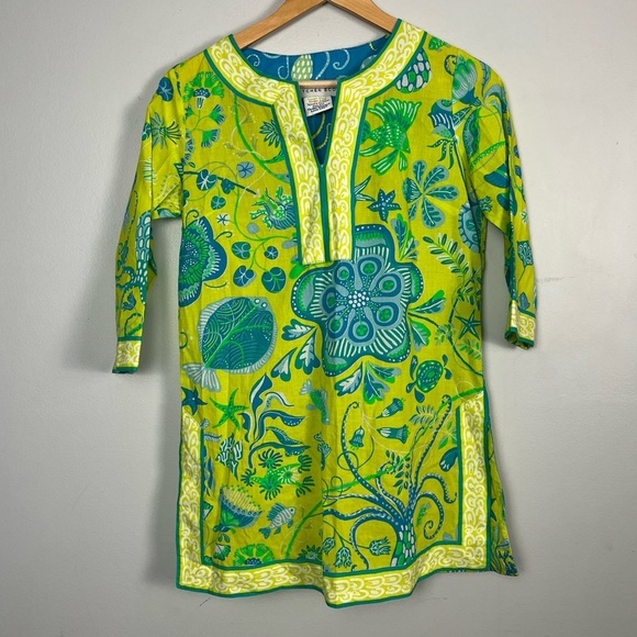 Gretchen Scott Designs Tops - Gretchen Scott Deisgns cotton split neck tunic - green blue printed size XXS
